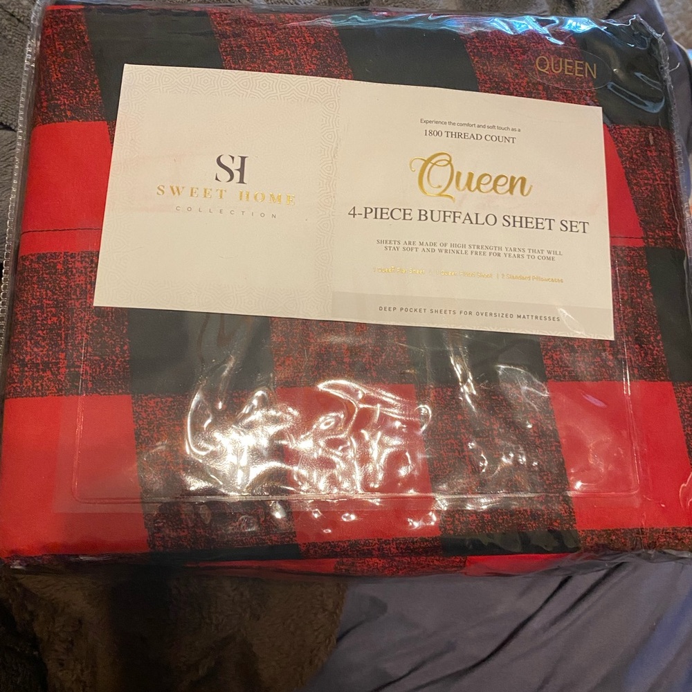 New Sweet Home 1800 red black Buffalo check queen size sheet set